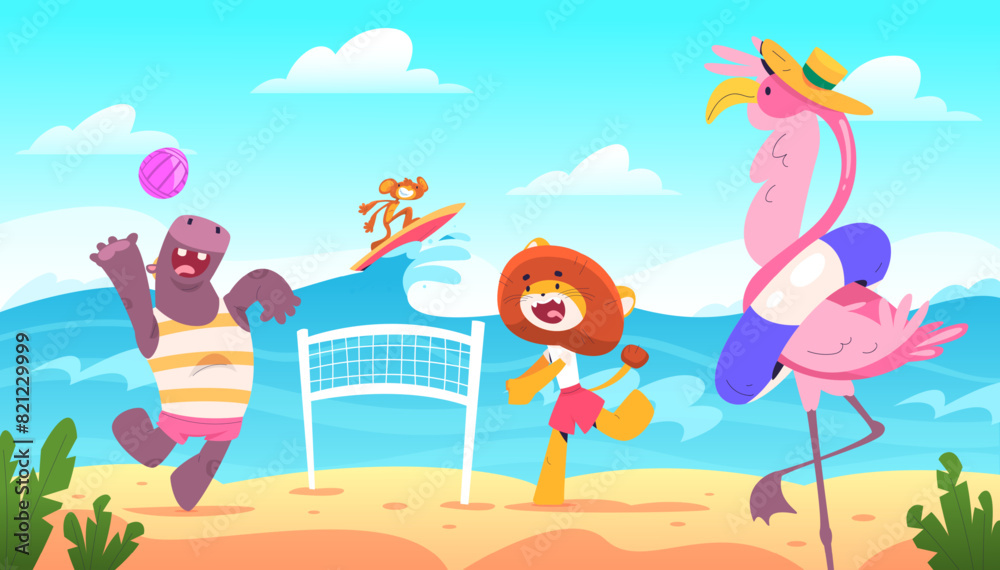 Animals summer beach scene. Cartoon funny animal characters relax in travel vacation, water surfing or swimming tropical sea coast sunlight background, classy vector illustration Animals summer beach scene. Cartoon funny animal characters relax in travel vacation, water surfing or swimming tropical sea coast sunlight background, classy vector illustration