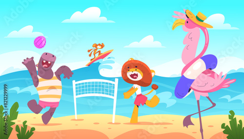Animals summer beach scene. Cartoon funny animal characters relax in travel vacation, water surfing or swimming tropical sea coast sunlight background, classy vector illustration
