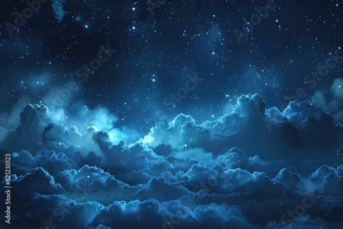 Night Sky Clouds. A Starlit Summer Night Landscape in Blue Cosmos