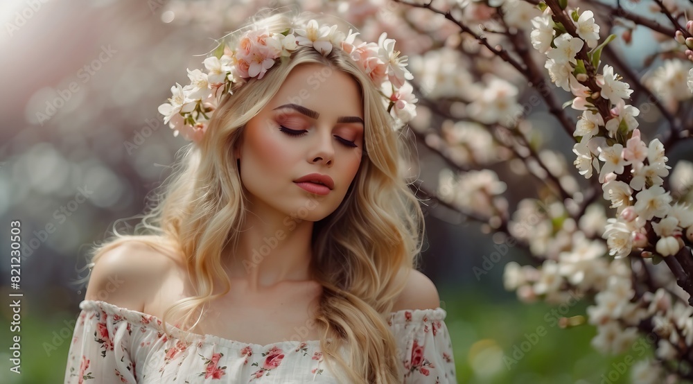 Beautiful attractive blonde woman model with a floral garland and Easter eggs, immersed in a sea of delicate spring blossoms Beautiful attractive blonde woman model with a floral garland and Easter eggs, immersed in a sea of delicate spring blossoms