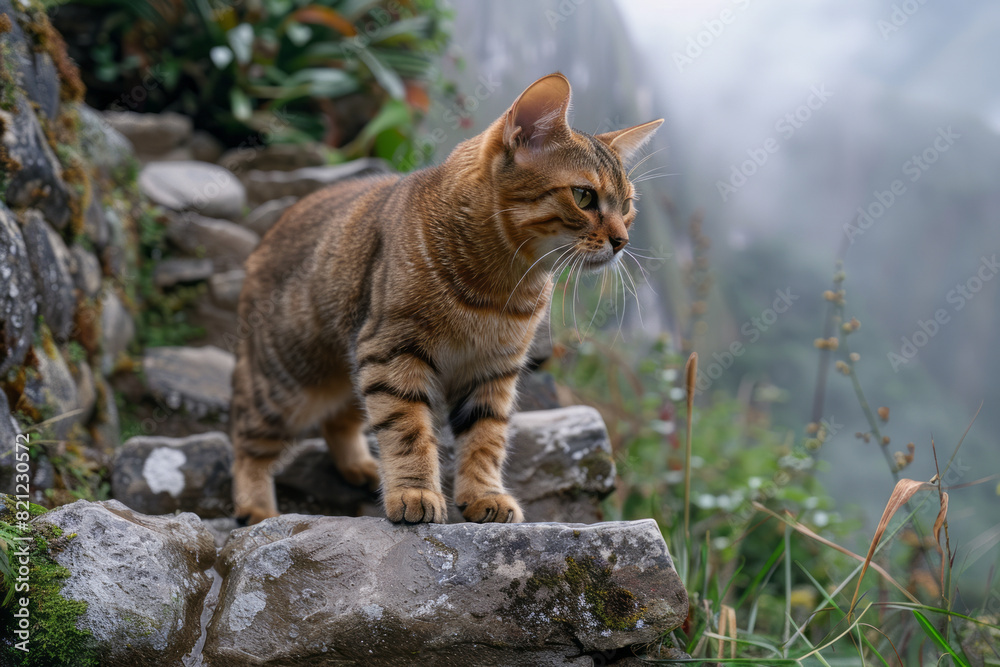 A Bengal cat climbing the stone steps of Machu Picchu, echoing the strength and agility needed to navigate the Incan citadel, A Bengal cat climbing the stone steps of Machu Picchu, echoing the strength and agility needed to navigate the Incan citadel,