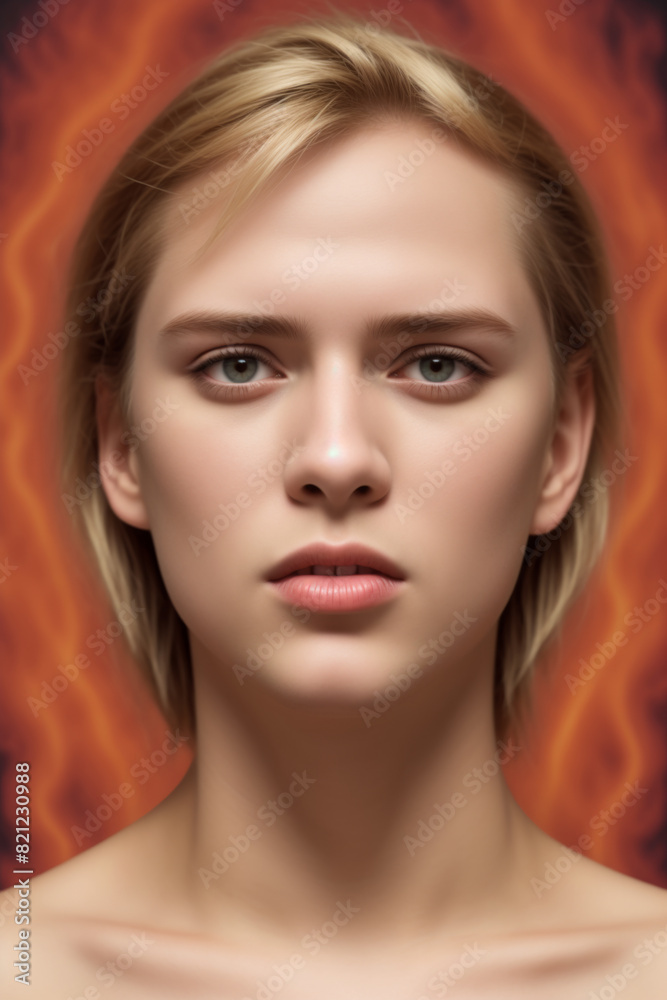 Obraz premium Flame-Eyed Mystery: Enigmatic Gaze of a Blonde Against the Fire