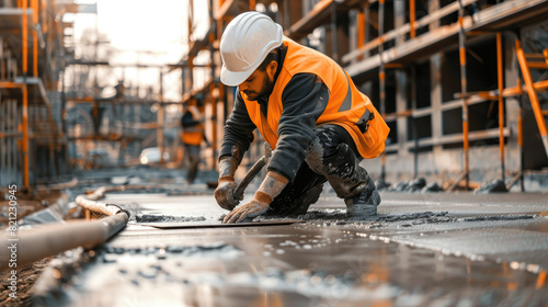 Construction worker in orange vest smoothing wet concrete at a building site with a trowel, wearing a white safety helmet. photo
