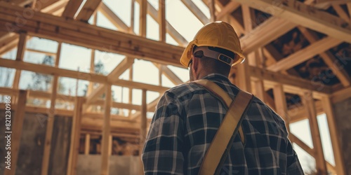 A male construction worker in a yellow hard hat inspects the wooden framework of a building under construction