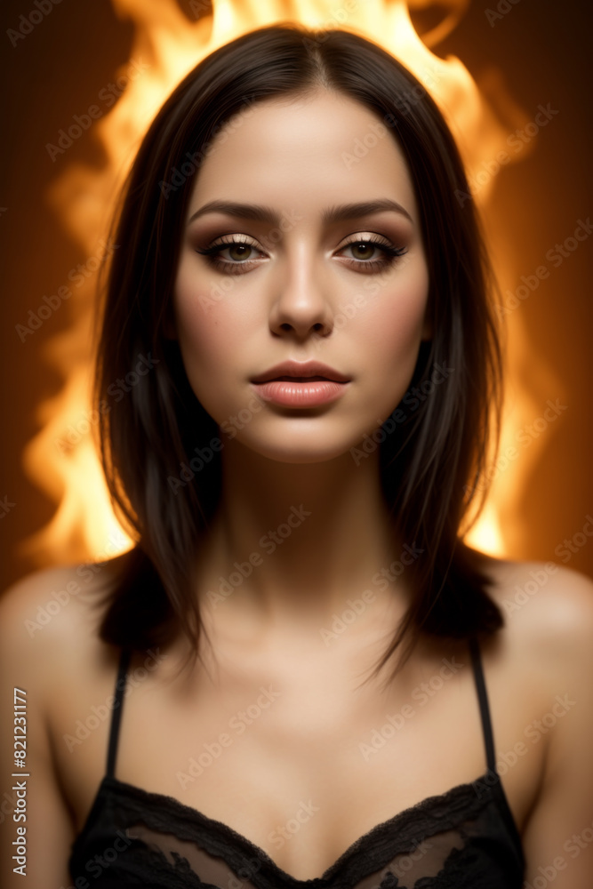 Flaming Gaze: Portrait of a Woman with Fire Background Flaming Gaze: Portrait of a Woman with Fire Background