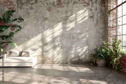 Modern interior in loft style, empty wall with soft shadows, concrete floor and old brick walls, white sofa and plants on the background of large windows, daylight from outside through the window, 