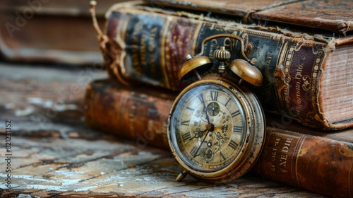 Clock with a book, has an antique or vintage look. generative ai