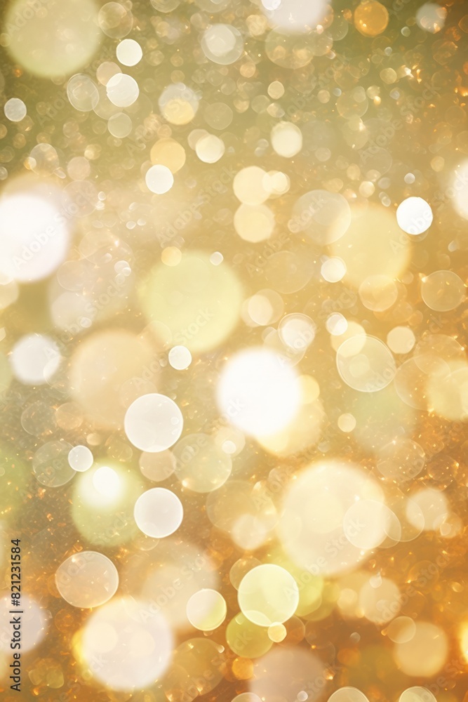 Abstract golden bokeh background. This vertical image showcases a festive array of golden and white blurred lights, creating a warm and sparkling effect. Copy space. defocus