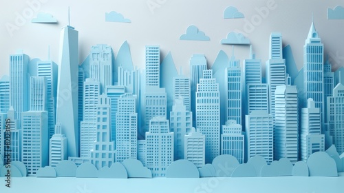 Blue Papercut cityscape made of paper buildings. The buildings are arranged in a row and are of different sizes. The cityscape is vibrant and lively 