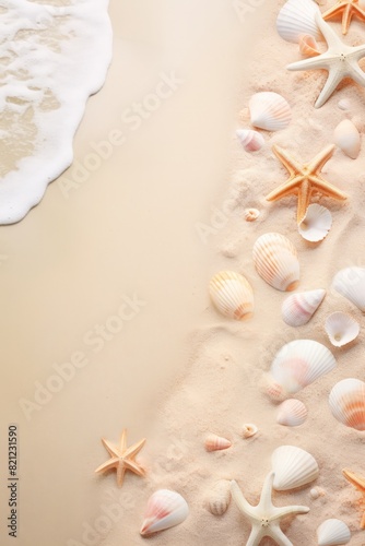 Seashells and starfish on sandy beach. The photo captures an assortment of shells and starfish arranged on the soft sand with gentle waves approaching. Vertical image with copy space