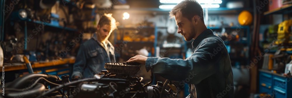 Two mechanics are working on a car engine in a well-equipped automotive repair shop Two mechanics are working on a car engine in a well-equipped automotive repair shop
