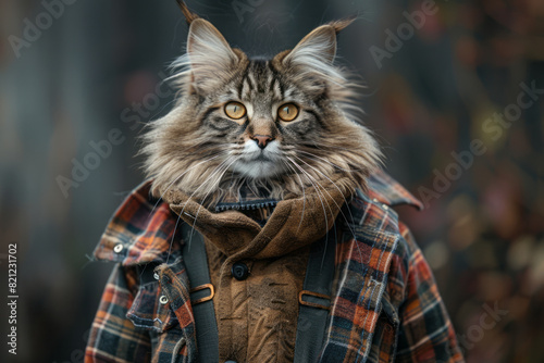 A Maine Coon cat dressed in a rugged, lumberjack outfit, complete with a flannel shirt and suspenders, reflecting its robust and sturdy build, © Natalia
