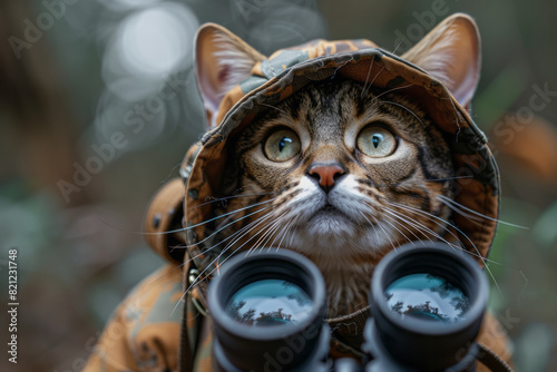 A Bengal cat in a safari explorerâ€™s outfit, complete with a pith helmet and binoculars, showcasing its adventurous spirit,