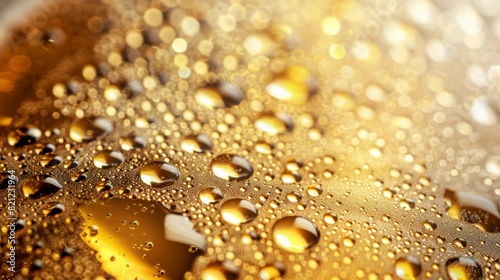 A close up of a glass of liquid with droplets of water on the surface, appetizing beer background