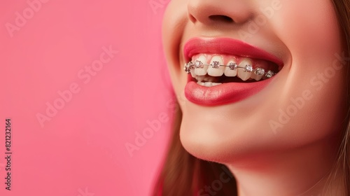 Charming Woman Smiling with Braces: Bright White Teeth and Vibrant Pink Lips in a Cheerful Dental Health Portrait photo