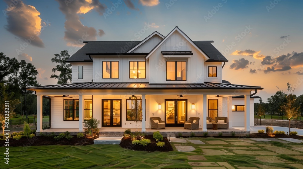 Beautiful modern farmhouse style luxury home exterior at twilight Beautiful modern farmhouse style luxury home exterior at twilight