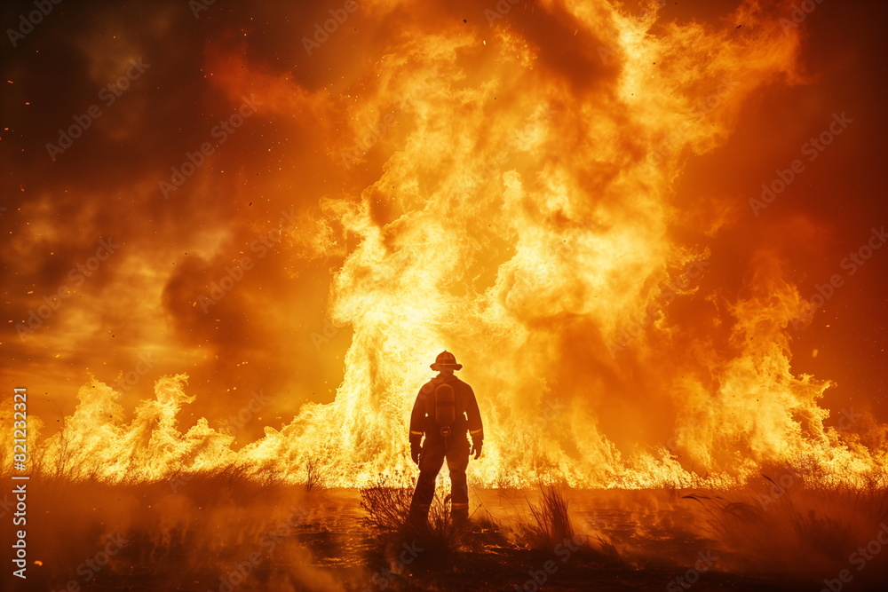 A firefighter in front of a forest fire. Helplessness before the elements. Natural disaster
