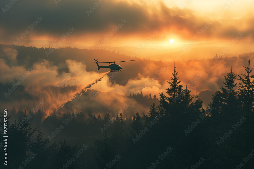 Extinguishing a natural fire in the forest using a firefighting helicopter Extinguishing a natural fire in the forest using a firefighting helicopter