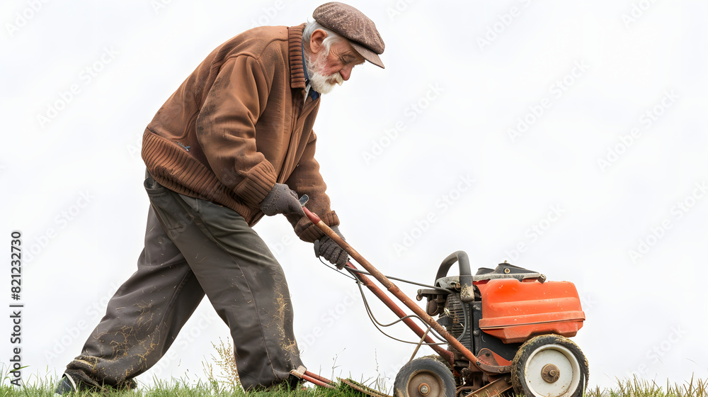 A neighbor mows the lawn for an elderly neighbor who can no longer do it themselves isolated on white background, studio photography, png

