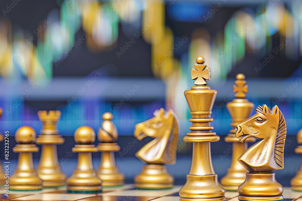 A chess board with a knight, king and other pieces with a blurred background of a stock market chart. A chess board with a knight, king and other pieces with a blurred background of a stock market chart.