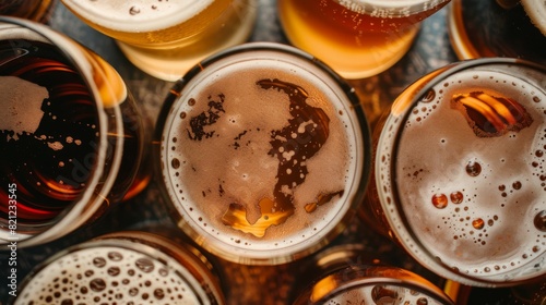 A row of beer glasses with foam on top