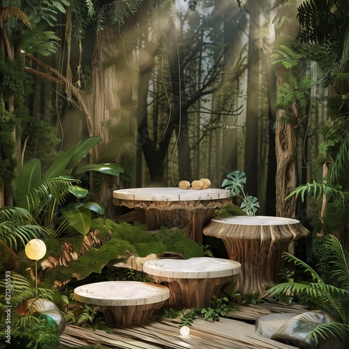 A serene forest-themed podium with a peaceful atmosphere and natural elements , super realistic