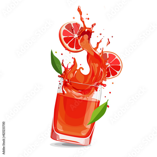 Splashes of red grapefruit juice with slices. Vector clipart with citrus drink isolated for design