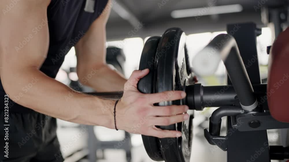 A close-up shot of a man setting up weights on a barbell at a gym, emphasizing fitness and strength training. Focused Man Adjusting Weights for Workout in Modern Gym A close-up shot of a man setting up weights on a barbell at a gym, emphasizing fitness and strength training. Focused Man Adjusting Weights for Workout in Modern Gym