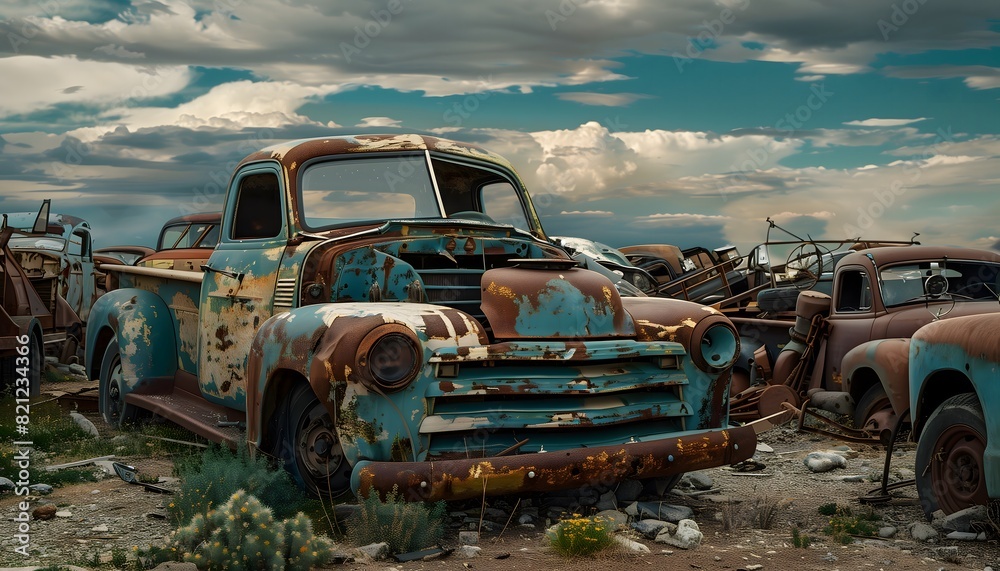 Old Rusted Pickup Truck in Deserted Junkyard