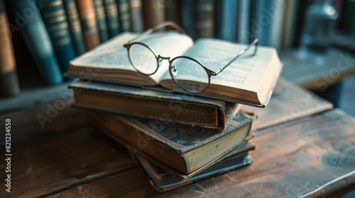 Vintage books and glasses. A stack of vintage books with reading glasses on top, creating a nostalgic and scholarly atmosphere. © Lull
