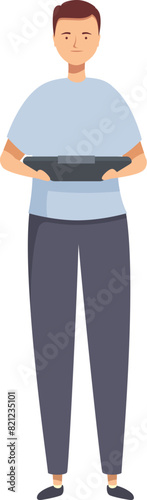 Fulllength illustration of a calm young man standing with a vr headset in his hands