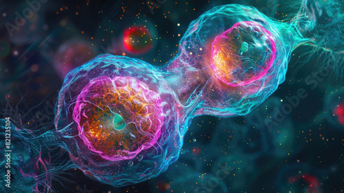 Digital illustration of a human cell division process known as mitosis, depicted in bright, vivid colors against a dark background. photo
