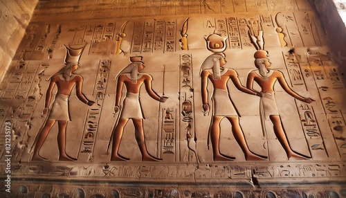 a wall of an ancient egyptian temple with symbols and symbols photo
