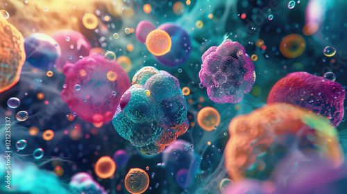 Digital illustration of vibrant, colorful cells or particles with nucleus-like structures suspended in a fluid, depicting a microscopic biological scene