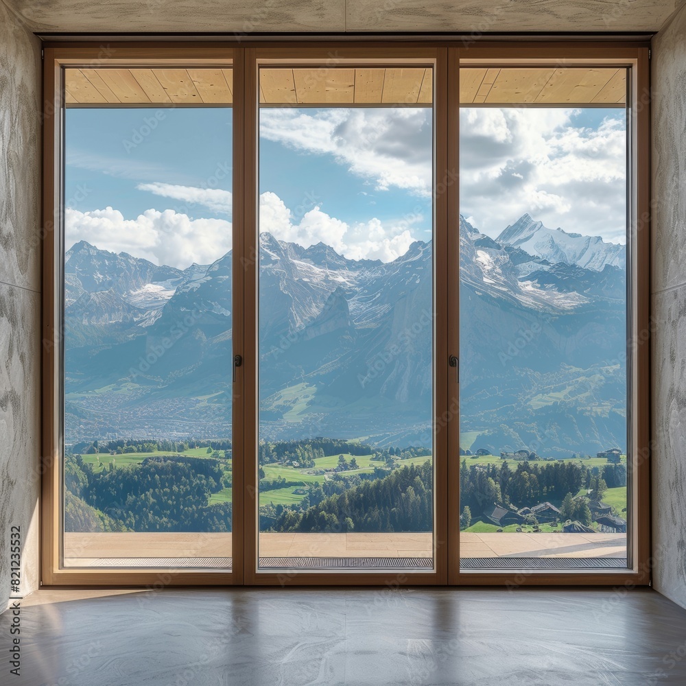 perspective interior photograph large window looking over the swiss alps perspective interior photograph large window looking over the swiss alps