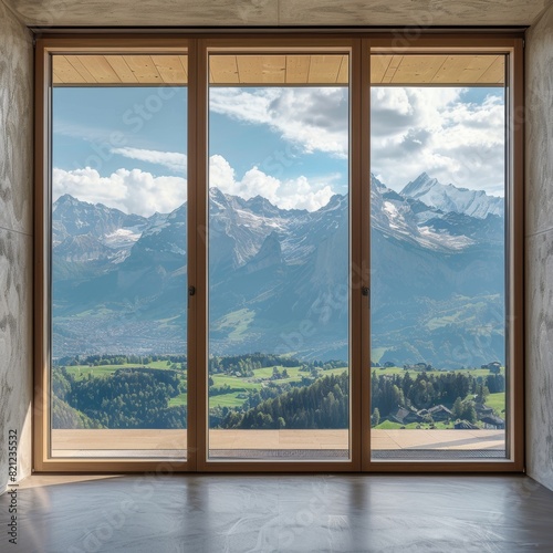 perspective interior photograph large window looking over the swiss alps