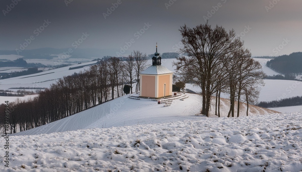 a beautiful chapel on a hill with trees and snow landscape with nature in winter chapel of the holy trinity rosice czech republic