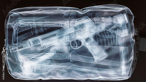 A concealed weapon peeking out of a bag in an X-ray image, super realistic