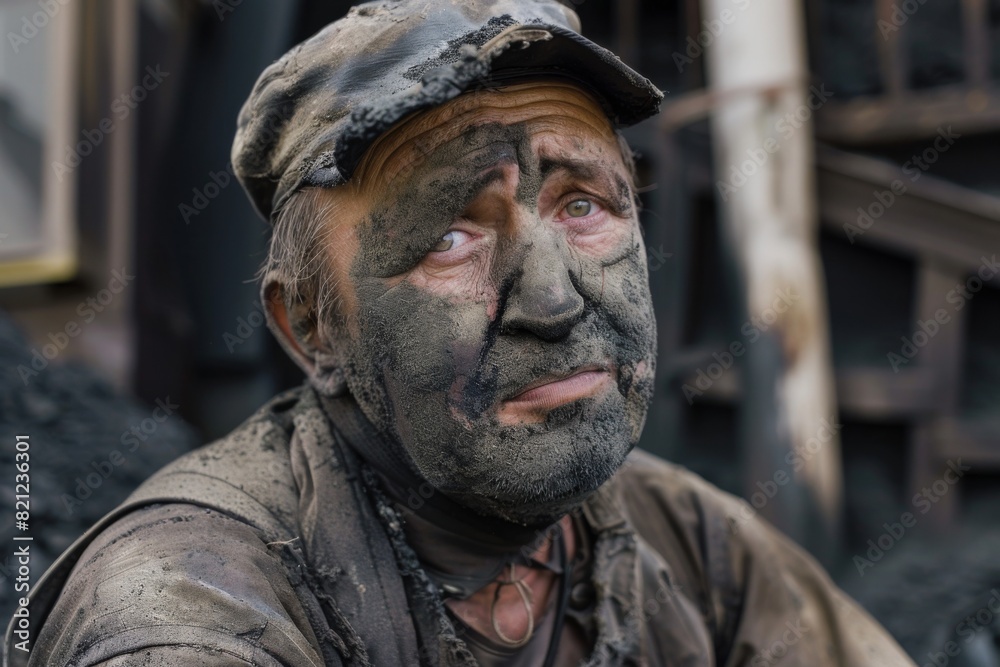 A man covered in coal dust, with a tired expression, super realistic A man covered in coal dust, with a tired expression, super realistic