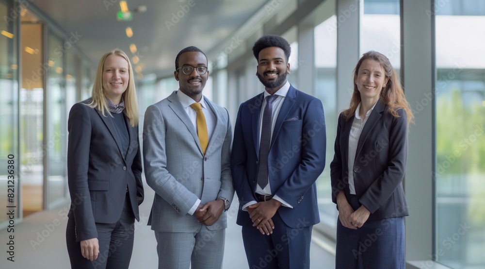 diverse smiling business people in a suit standing, indoor office background in the style of copy space. generative AI diverse smiling business people in a suit standing, indoor office background in the style of copy space. generative AI