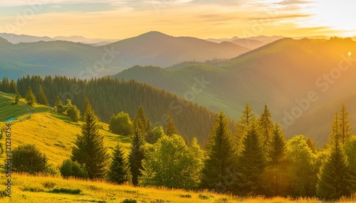 wonderful landscape in the mountains at sunrise view of a scenic forest hills golden hour morning light effect warm natural light