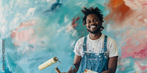 Cheerful young male artist with dreadlocks holding a paint roller in a colorful art studio