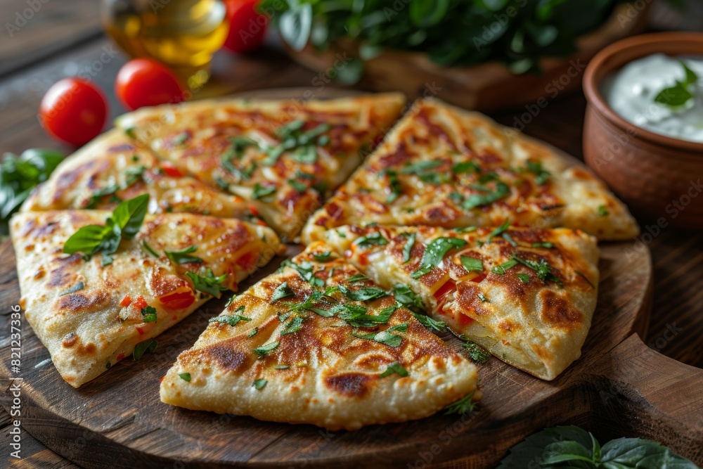 A pizza with four slices of pepperoni and basil on a wooden cutting board A pizza with four slices of pepperoni and basil on a wooden cutting board