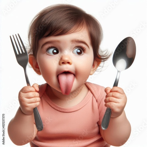 hungry and funny cute baby holding a spoon and fork licking it lips with tongue Isolated on white background