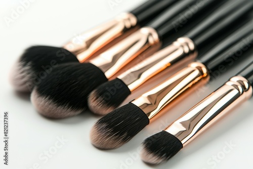 A close up of five makeup brushes, all of which are black and have a gold trim