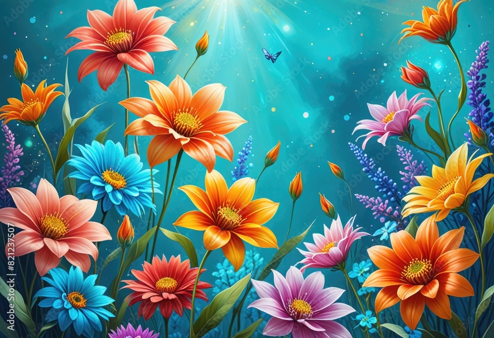 Beautiful Colorful Flowers on Turquoise Background Beautiful Colorful Flowers on Turquoise Background