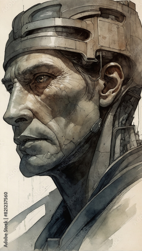 Obraz premium Concept art, sculptor sketchbook of cyborg hybrid human head, watercolor illustration, like stone statue 