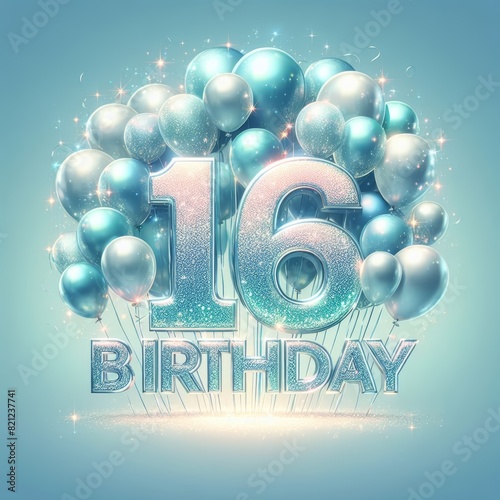 Sparkling number 16 with shiny teal and silver balloons celebrating a sixteenth birthday festively photo