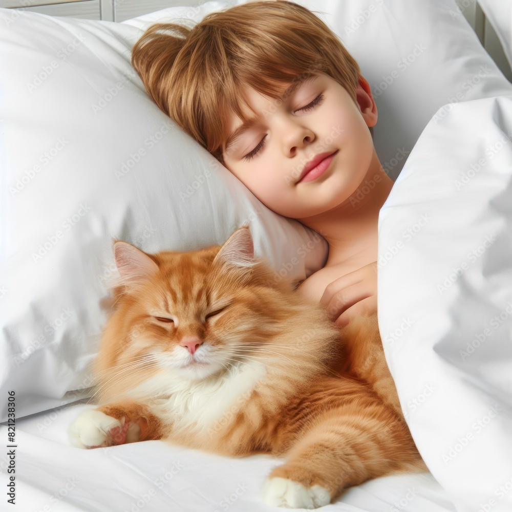 A kid sleeps in bed with a cat Isolated on white background