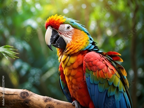Colorful portrait of Amazon red macaw parrot against jungle. Side view of wild ara parrot head on green background.